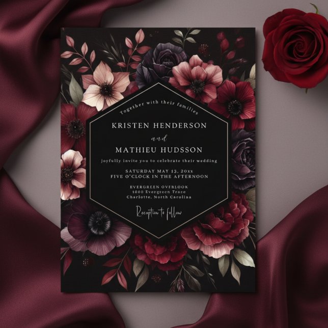 Convite Casamento Burgundy Opulento em Flor (Criador carregado)