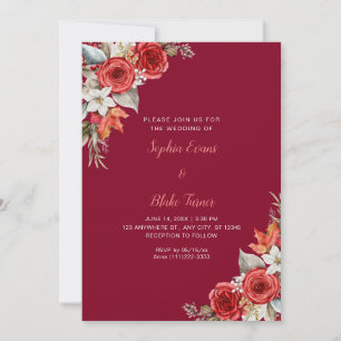 Convite Casamento Burgundy Outono Rosas Vermelhas Rústicas