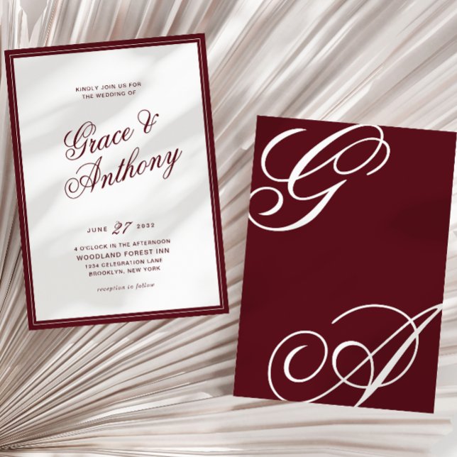 Convite Casamento Burgundy Profundo Monograma Romântico El (Criador carregado)