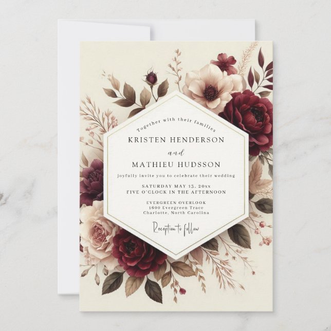 Convite Casamento Burgundy Romantic Bloom (Frente)
