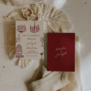 Convite Casamento Burgundy Romântico Caprichoso Desenhado 
