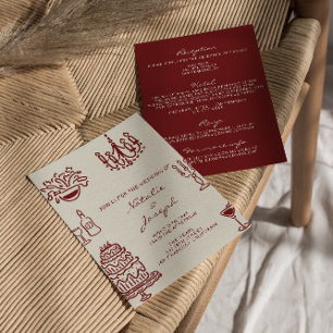 Convite Casamento Burgundy Romântico Desenhado à Mão Tudo