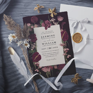Convite Casamento Burgundy Romântico Floral Elegante Moder
