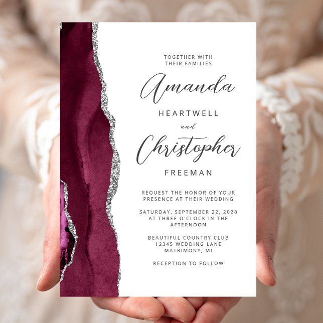 Convite Casamento Burgundy Silver Agate Script (Criador carregado)