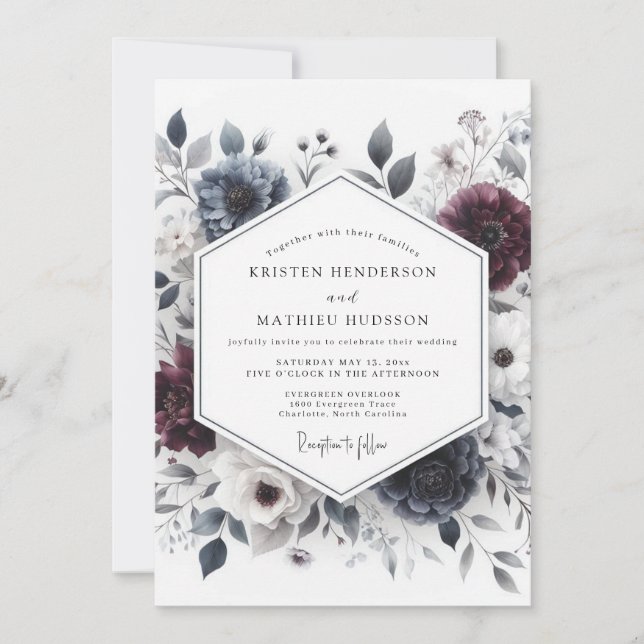 Convite Casamento Burgundy & Slate Ethereal Bloom (Frente)