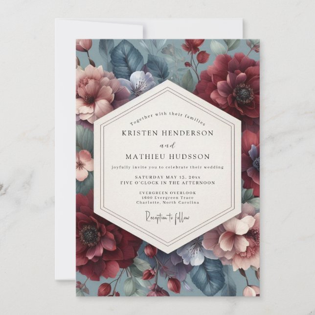 Convite Casamento Burgundy Slate Moody Flora (Frente)
