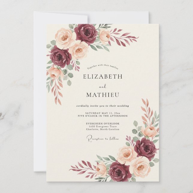 Convite Casamento Burgundy Soft Bloom (Frente)