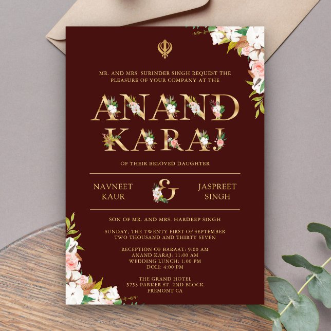Convite Casamento Burgundy Typografia Anand Karaj Sikh (Criador carregado)