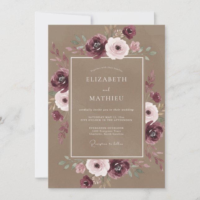 Convite Casamento Burgundy Verdant Whimsy (Frente)