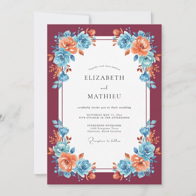 Convite Casamento Burgundy Vibrante de Outono (Frente)
