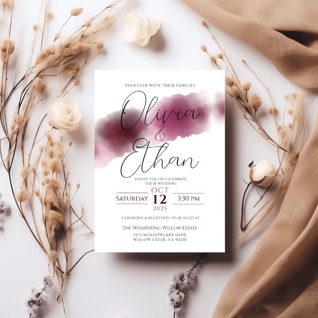 Convite Casamento Burgundy Watercolor - Script Elegante (Criador carregado)