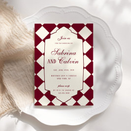 Convite Casamento Burgundy Xadrez Retro Elegante