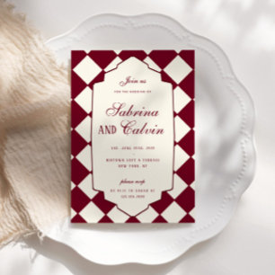 Convite Casamento Burgundy Xadrez Retro Elegante
