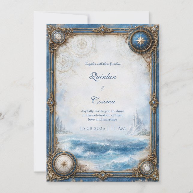 Convite Casamento Bússola Costeira Azul (Frente)