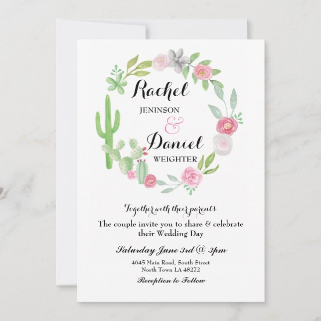 Convite Casamento Cactus Fiesta Wreath Party Invite Floral (Frente)