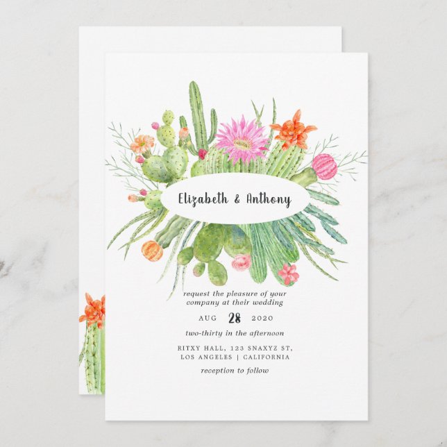 Convite Casamento Cactus Watercolor (Frente/Verso)