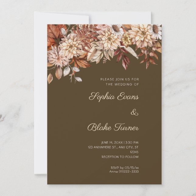 Convite Casamento Café Floral de Inverno Marrom Boho (Frente)