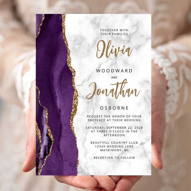 Convite Casamento Caligrafia Ágata Mármore Dourado Roxo (Criador carregado)