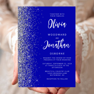 Convite Casamento Caligrafia Azul Royal Brilho Prata