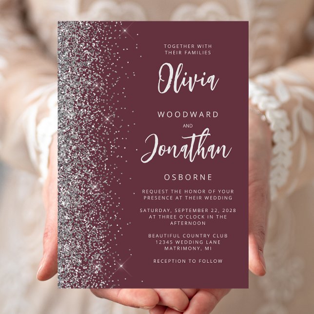 Convite Casamento Caligrafia Glitter Prata Borgonha (Criador carregado)