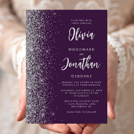 Convite Casamento Caligrafia Glitter Prata Roxo