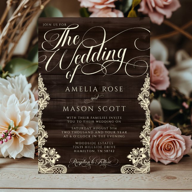 Convite Casamento Caligrafia Script com Renda Rústica e Ma (Rustic Lace and Wood Script Calligraphy Wedding Invitation)