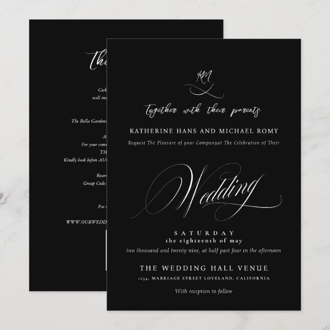 Convite Casamento Caligrafia Script Elegante Romântico (Frente/Verso)