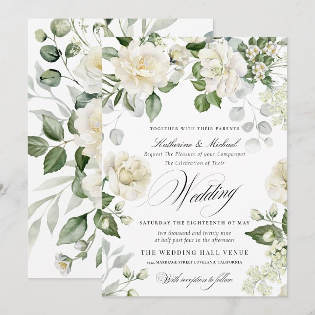 Convite Casamento Caligrafia Script Floral Eucalipto Cremo (Frente/Verso)