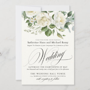 Convite Casamento Caligrafia Script Floral Eucalipto Cremo