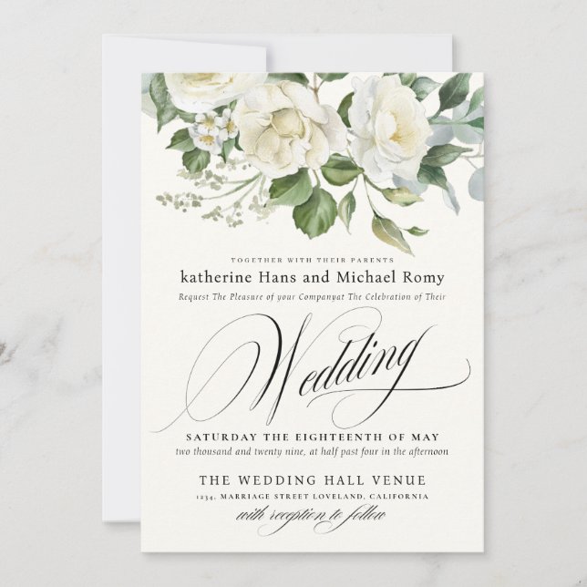 Convite Casamento Caligrafia Script Floral Eucalipto Cremo (Frente)
