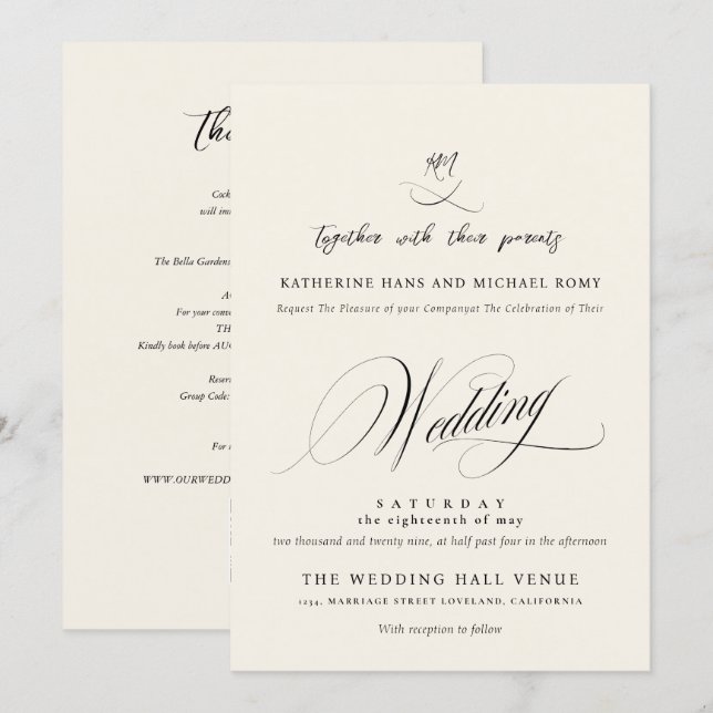 Convite Casamento Caligrafia Script Romântico Elegante (Frente/Verso)
