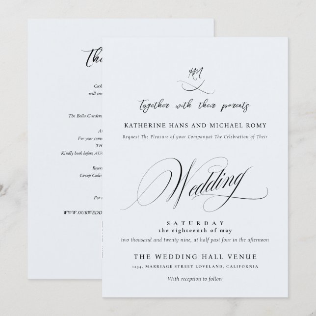 Convite Casamento Caligrafia Script Romântico Elegante (Frente/Verso)