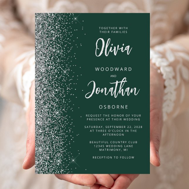 Convite Casamento Caligrafia Verde Esmeralda Brilho Prata (Criador carregado)