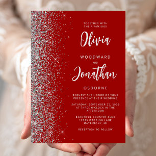 Convite Casamento Caligrafia Vermelho Escarlate Prata Bril