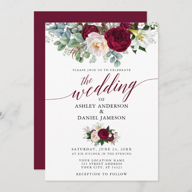 Convite Casamento Calliografia Burgundy Floral Greenery (Frente/Verso)