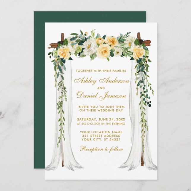 Convite Casamento Cana-d-Água Amarelo Floral Dourado Verde (Frente/Verso)