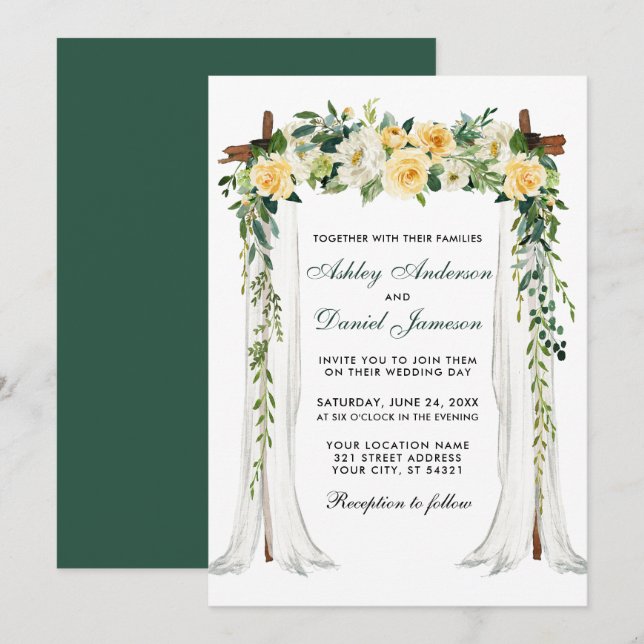 Convite Casamento Cana-d-Água Amarelo Floral Verde (Frente/Verso)