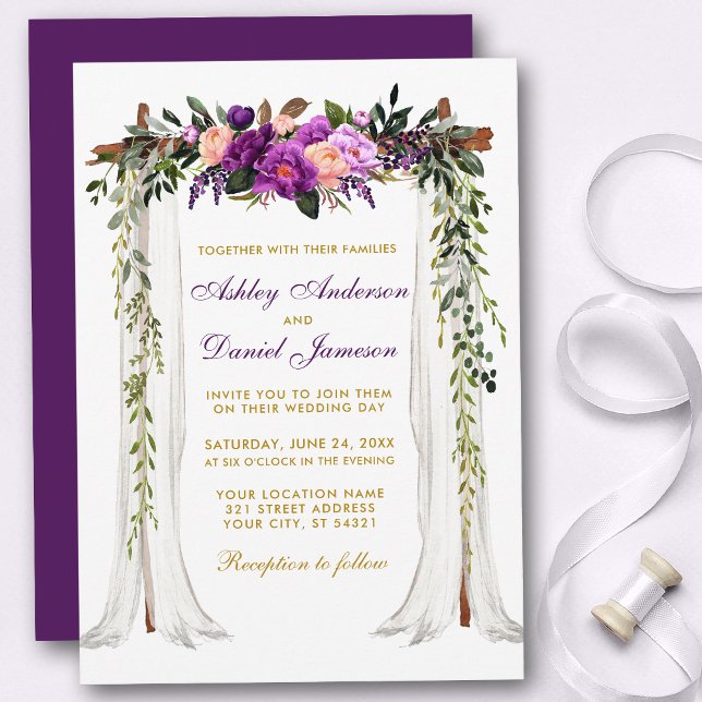 Convite Casamento Cana-d-Água Púrpura Floral Dourada (Customize to change text color, style, add text & photos to back or change color of back of card.)