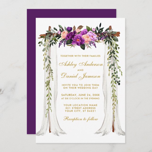 Convite Casamento Cana-de-Água Dourada Púrpura Floral (Frente/Verso)