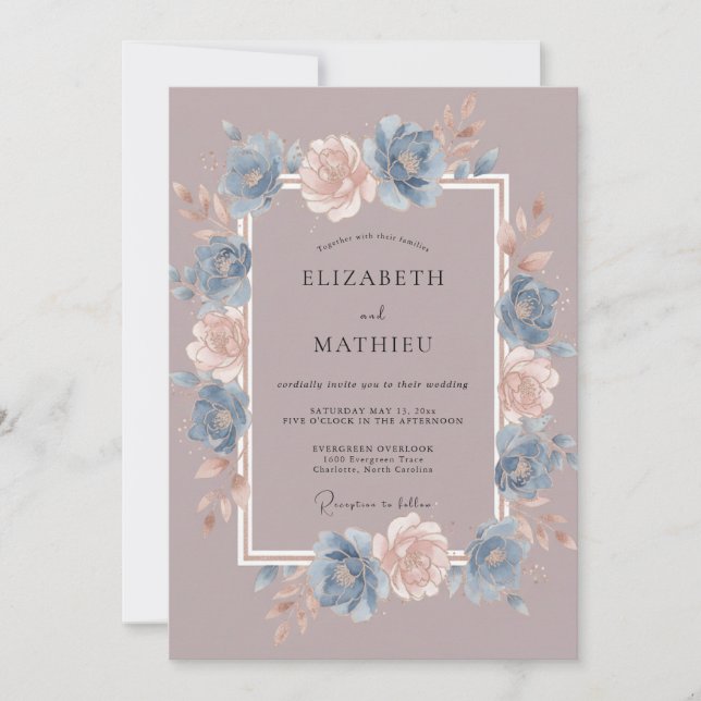 Convite Casamento Capricho Flor Azul Empoeirada (Frente)