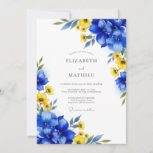 Convite Casamento Capricho Floral Azul Real (Frente)