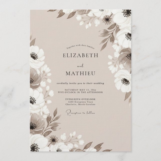 Convite Casamento Capricho Floral Bege (Frente)