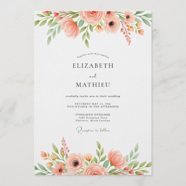 Convite Casamento Capricho Floral Coral (Frente)