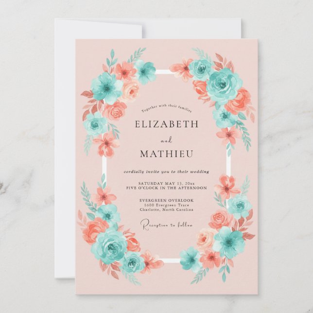 Convite Casamento Capricho Floral Coral Aqua (Frente)