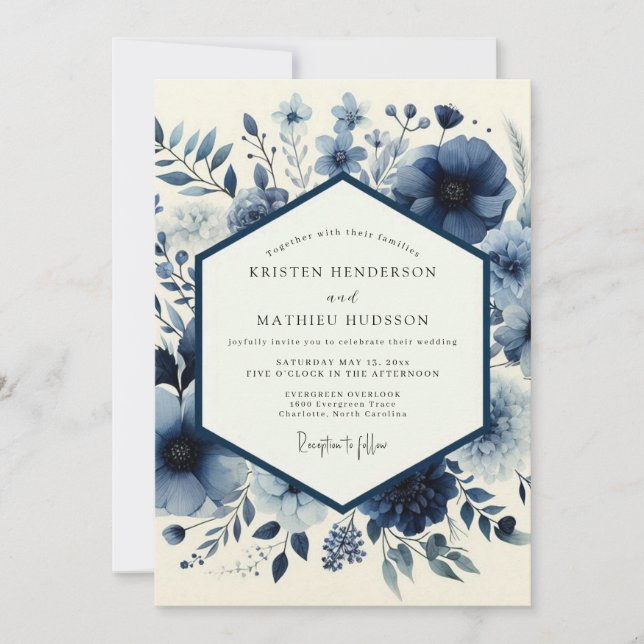 Convite Casamento Capricho Floral Índigo (Frente)