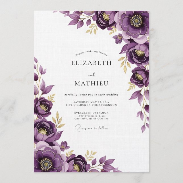 Convite Casamento Capricho Floral Roxo (Frente)