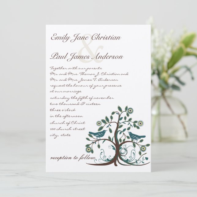 Convite Casamento Caprichoso Árvore Amarelo & Marrom (Em pé/Frente)