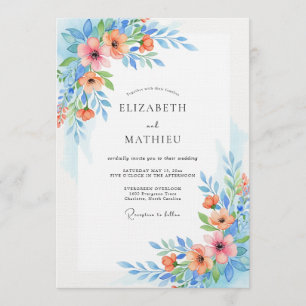 Convite Casamento Caprichoso Azul Celeste Floral