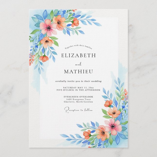 Convite Casamento Caprichoso Azul Celeste Floral (Frente)