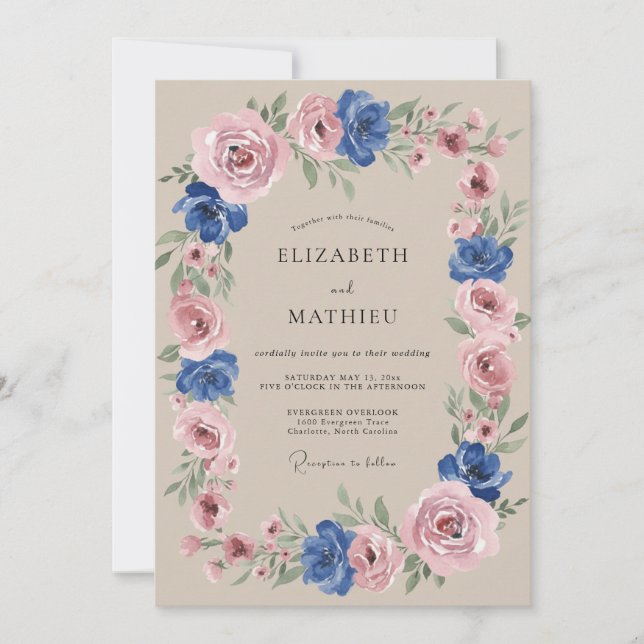 Convite Casamento Caprichoso Botânico Azul Rosa (Frente)